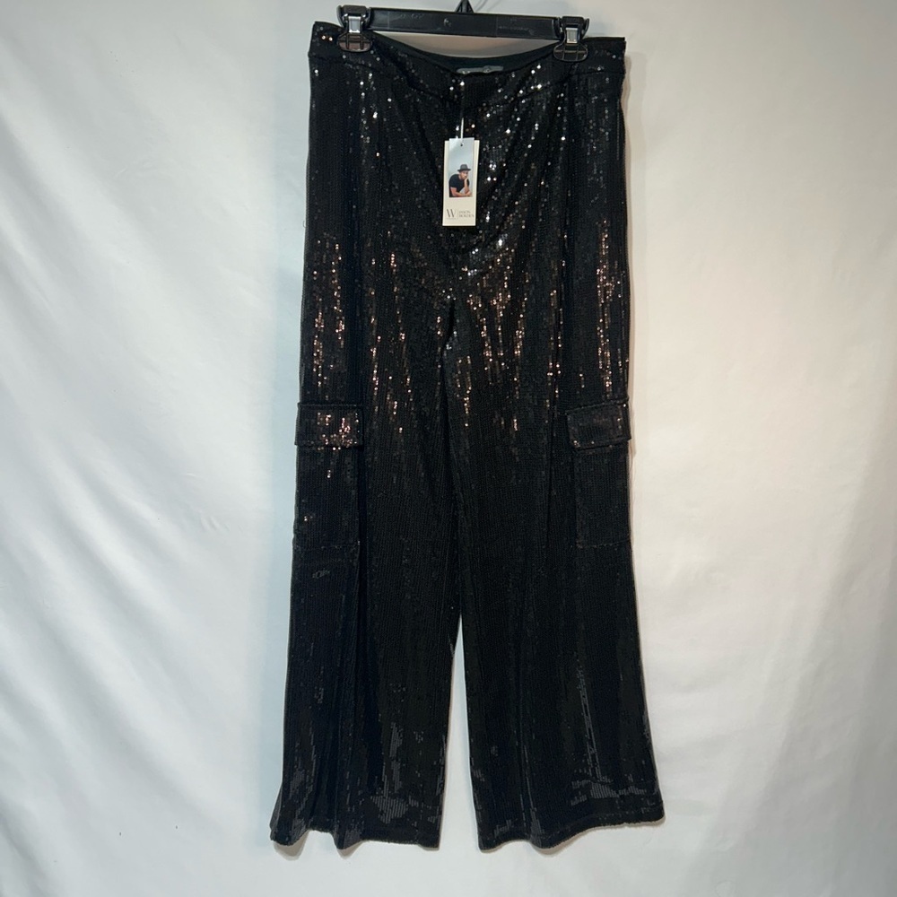 Womans wide leg black sequins cargo pants. Fully lined. Size 12. New with tags.